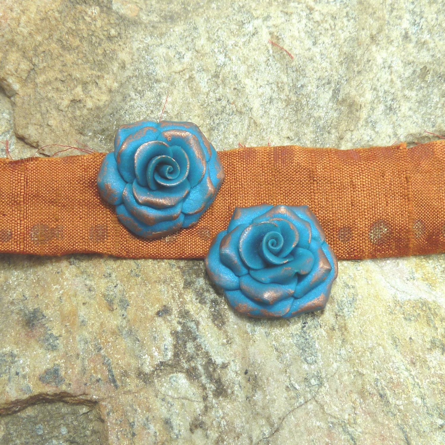 Flower Cabochon set - Rose  - Turquoise antiqued with Copper