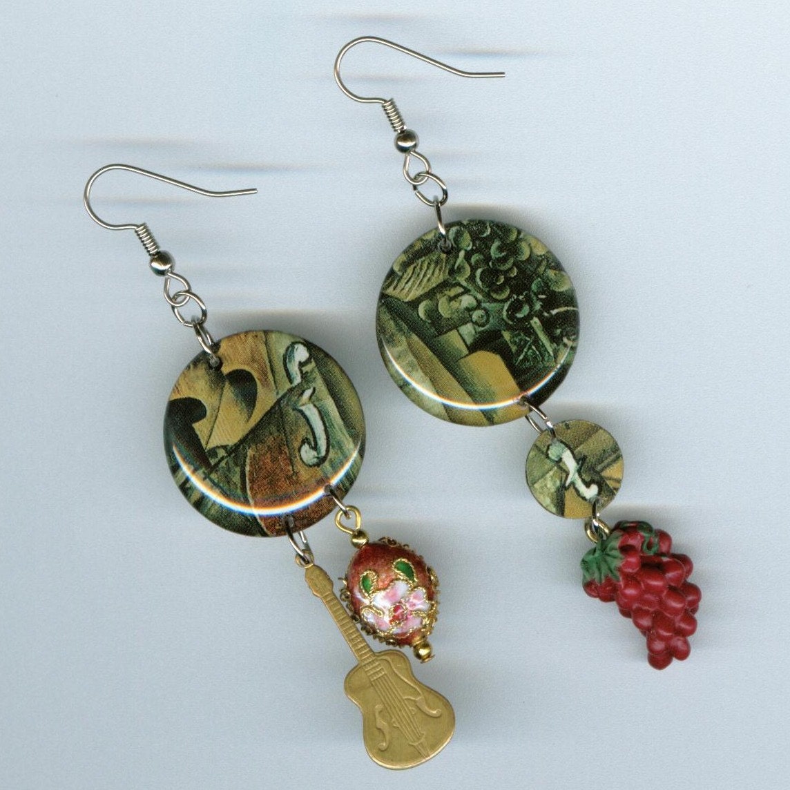 Violin and grapes EARRINGS recycled magazine page Asymmetrical earring