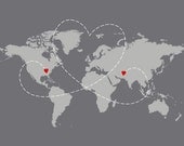 Love World Map With Your CUSTOM COLORS and LOCATIONS - Long Distance Heart - Custom 11x14 Wall Art Print - Great Wedding Gift - Grey