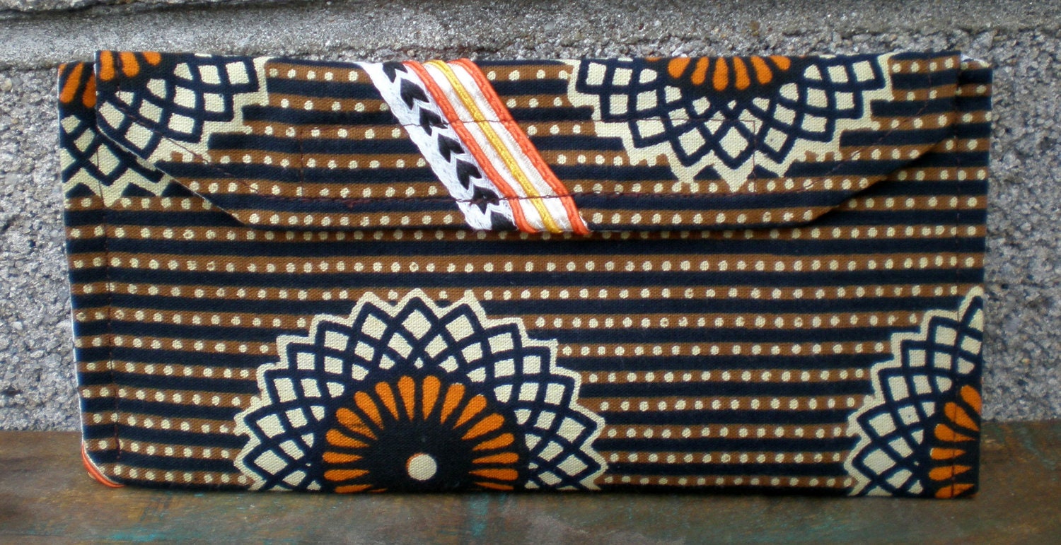 Velcro Wallet Vintage Brown Black Orange and White Striped Flower Retro - pheajean