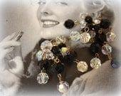 vintage beaded earrings . jet black and crystal ab clip on dangles