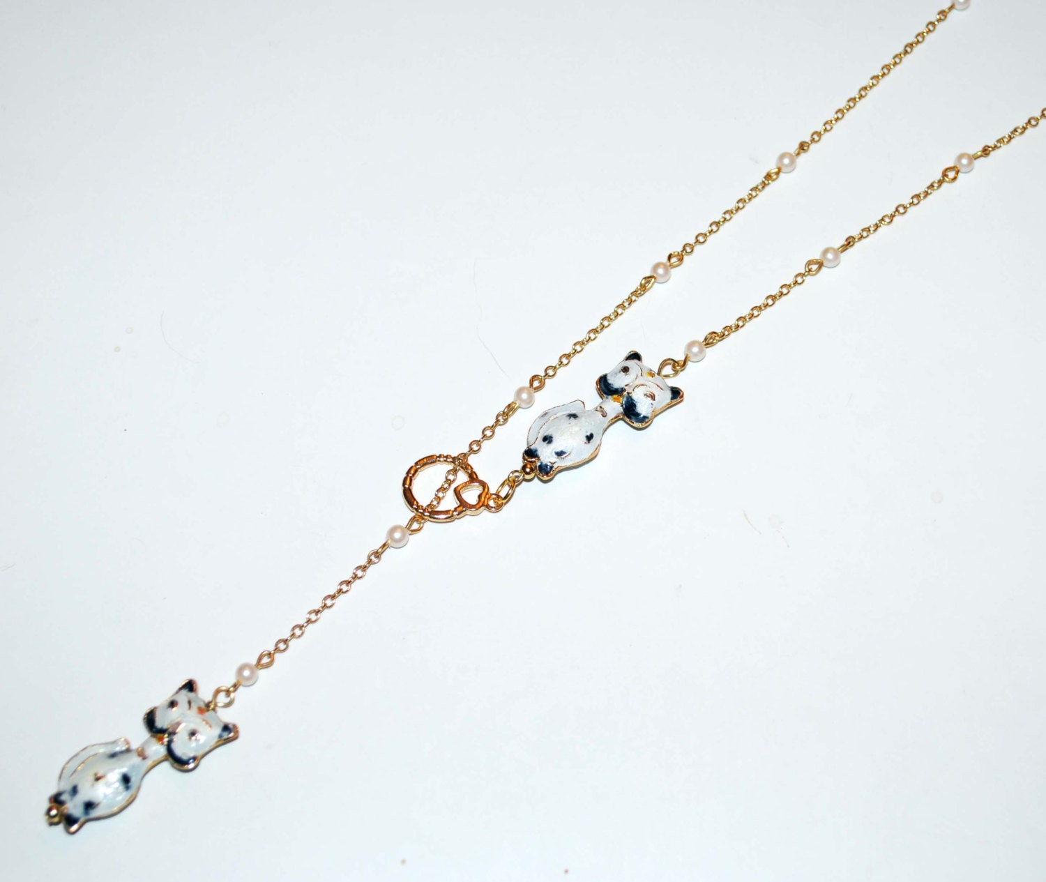 Calico Cat Lariat on Vintage Pearl Chain