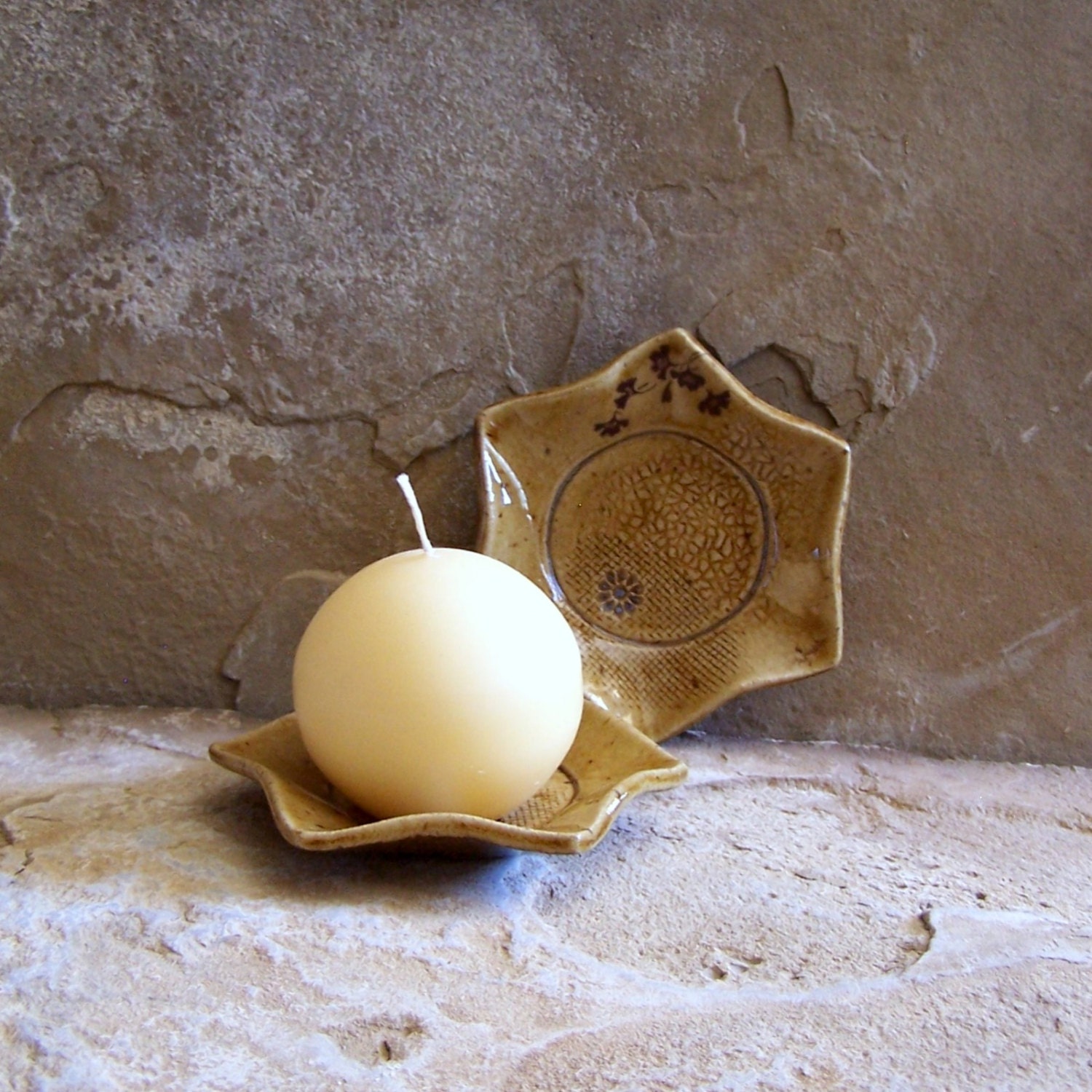 Burnt Amber Handmade Stoneware Ceramic Pottery Candle Holder - Tea Bag Dish - Ring Dish - Ginkgo