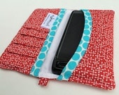 iphone / cell phone wallet. Red Jacks with Turquise trim. Wristlet wallet for mobile phone.