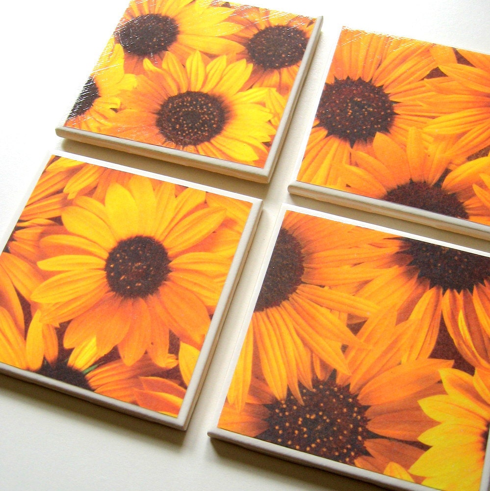Black Eyed Susans Earth Coasters - Set of Four - Summer, flowers, yellow, beverage, ceramic, garden, nature, entertaining, hostess gift