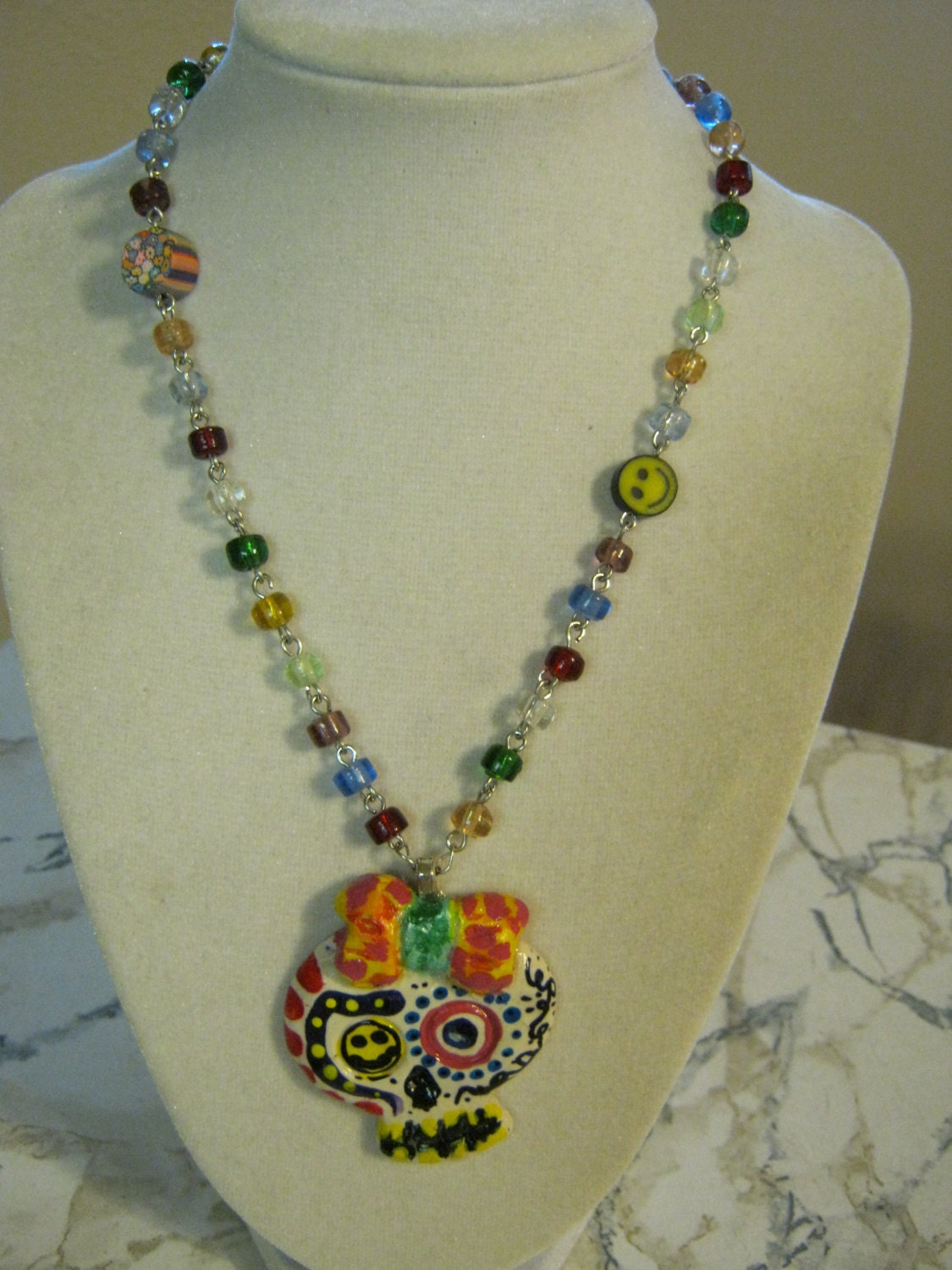 Hippie Sugar Skull Necklace, Day of the Dead