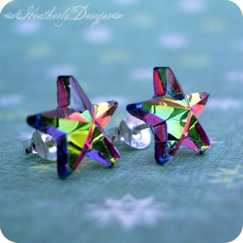 Lasso a Star: vintage vitrail glass star rhinestone and sterling silver post earrings