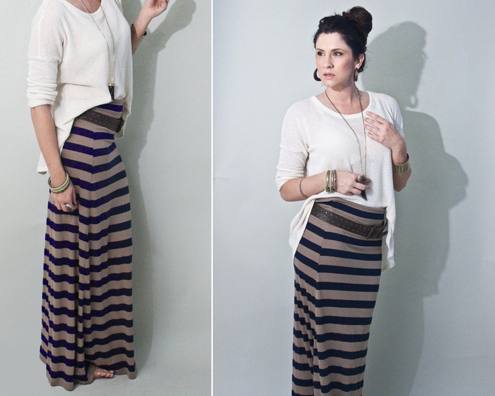 Striped Maxi Skirt, Women's Long Brown Tan & Navy Blue Skirt, USA Fabric, xs s m l xl