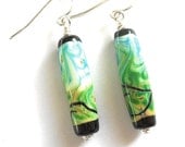 Handmade Lampwork glass bead earrings, green and aqua 'Spring Day',  Japonaise tubes sterling wires SRA lamp work art glass, CGGE, tt team
