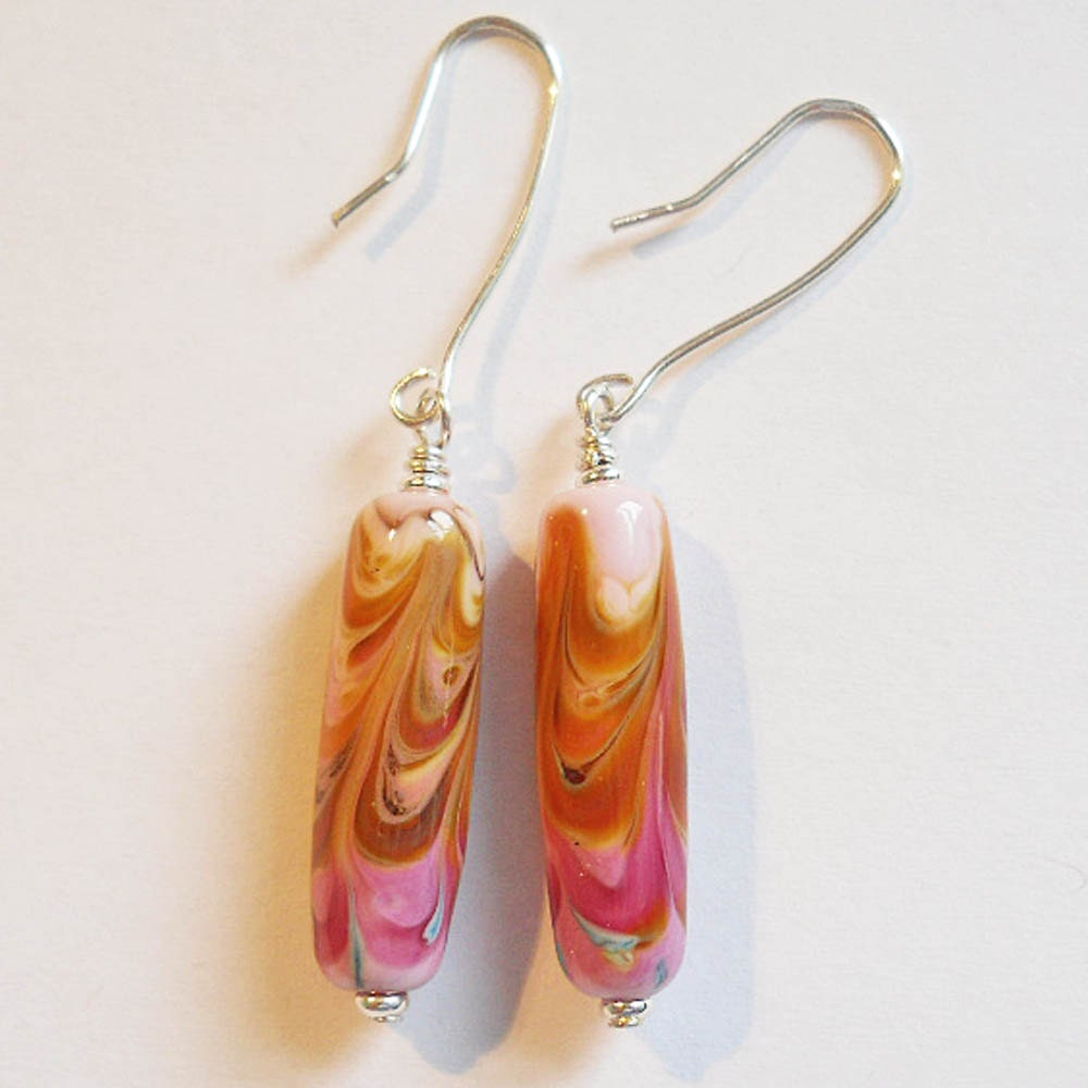Handmade Lampwork glass bead earrings, 'Pink Safari', Japonaise fire tubes sterling wires SRA lamp work art glass, CGGE, tt team