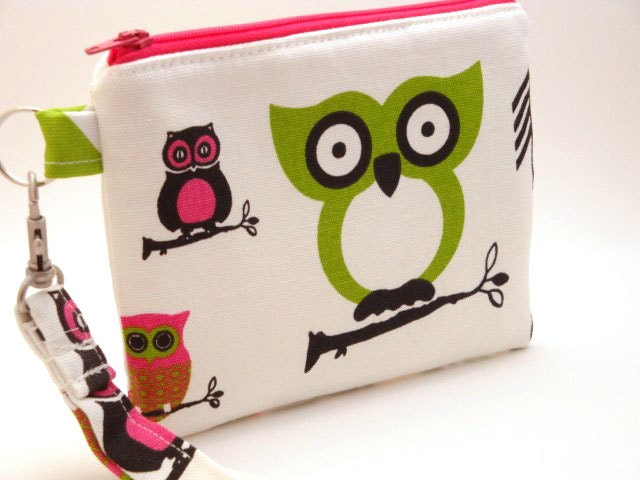 Zippered Wristlet- with Detachable Wrist Strap-Owls