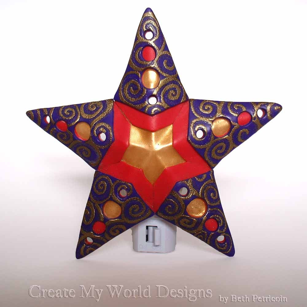 Star Night Light: Purple Red Gold 3 dimensional 3-D swirls glow in dark circle shapes polymer clay