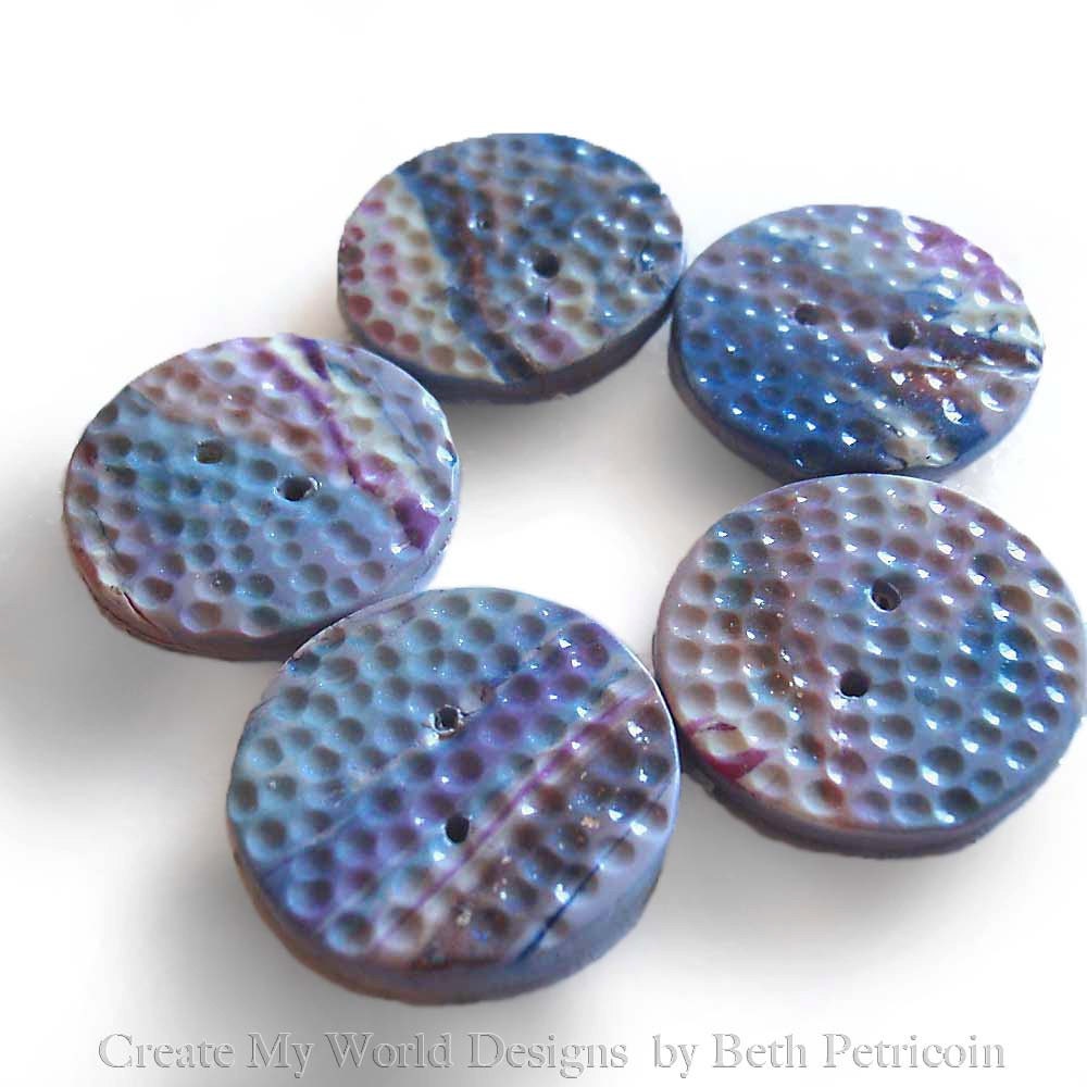 Round Button Set of 5, purple, grey, white, blue, hammered metal texture