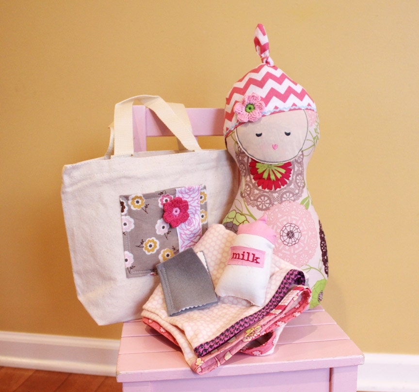 Baby Doll gift set diaper bag blanket bottle soft cloth toy fabric soft cute sweet stuffed modern ready to ship