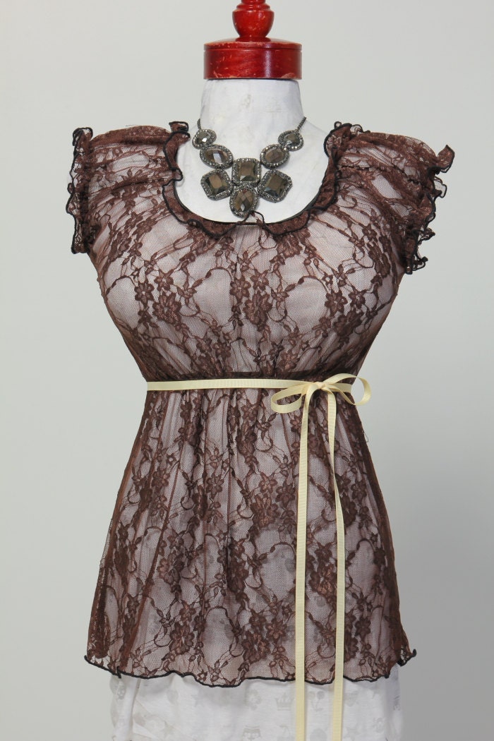 Size X-Large Brown Lace Blouse - Fits Bust Measurement of 52 to 61 inches