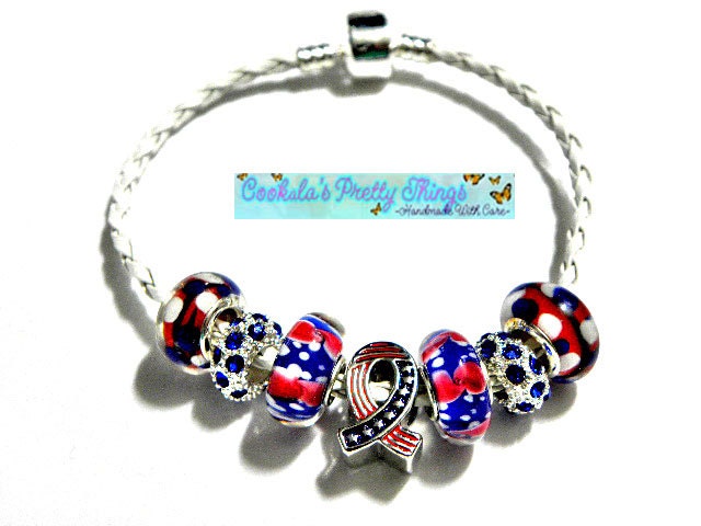 european beads leather bracelet, 8" , Pugster charm USA ribbon bead, red white blue LIMITEd EDITIOn  Grad Graduation class of 2013