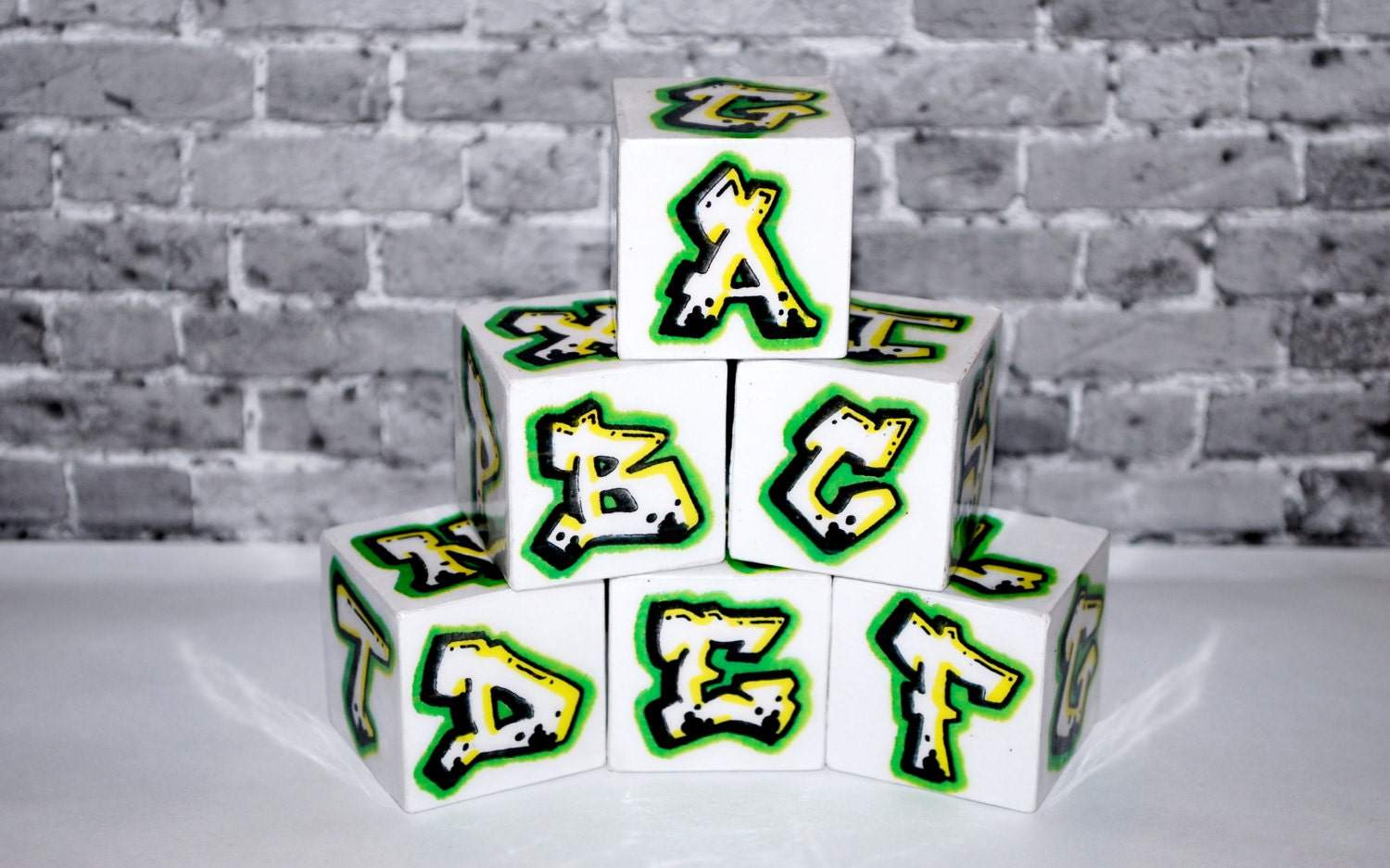 ABC Blocks Green/Yellow Graffiti 6 Block Set Rockin' Blocks by beebles