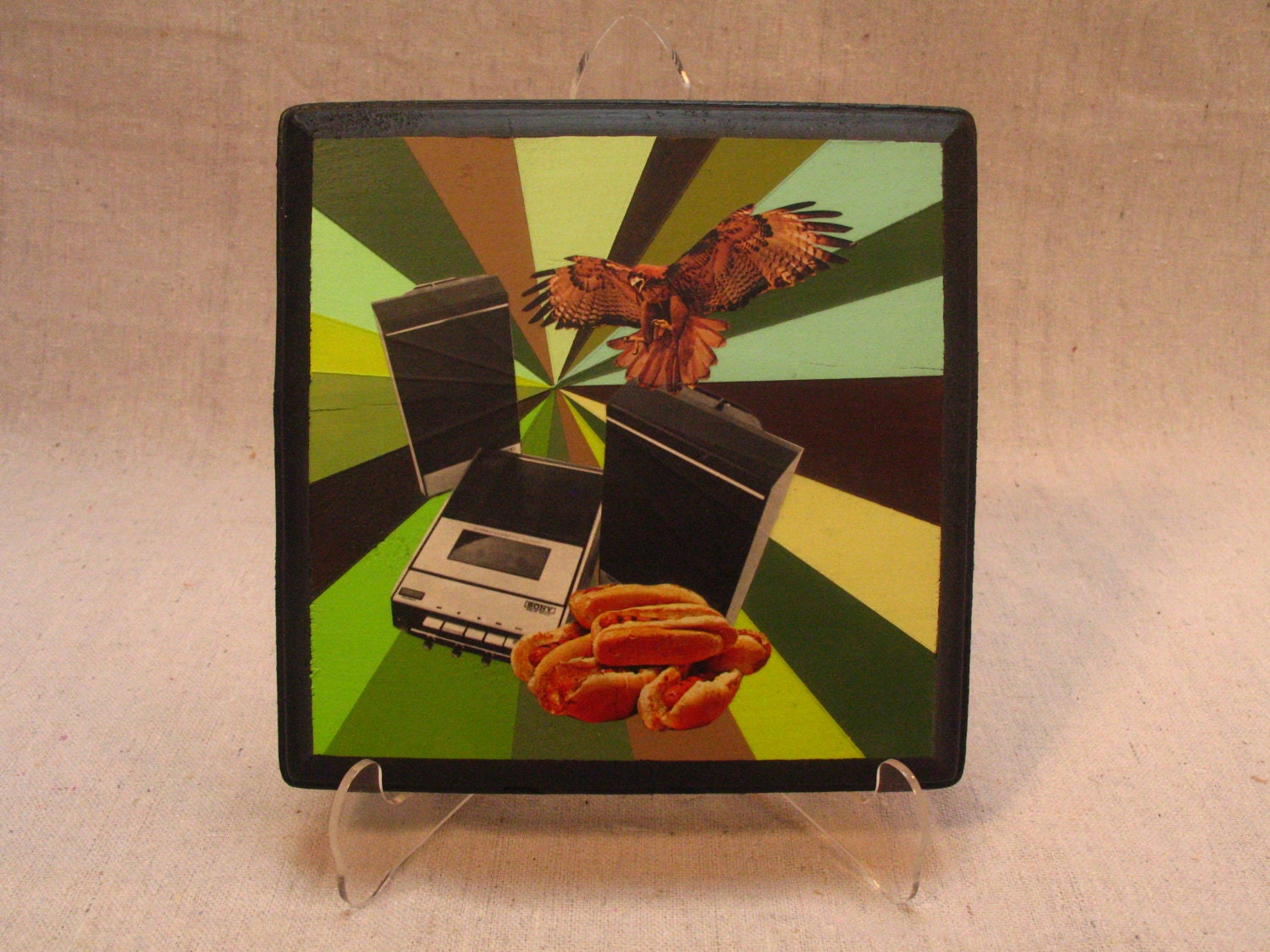Painting & Collage on Wood-Stereo-Bird-Hot Dogs