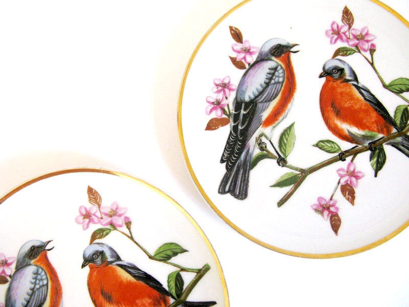 Springtime Robins on Blossomed Branch // Vintage Decorative Plate