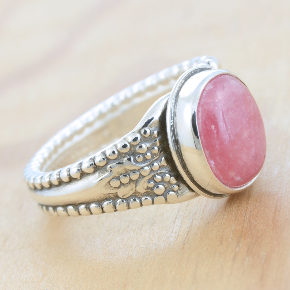 Spoon Ring with Rhodochrosite, Upcycled Sterling Silver, Size 6