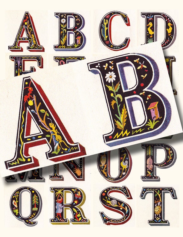 Vintage Alphabet ......sweet and charming illustrated letters.....digital collage sheet no. 1013