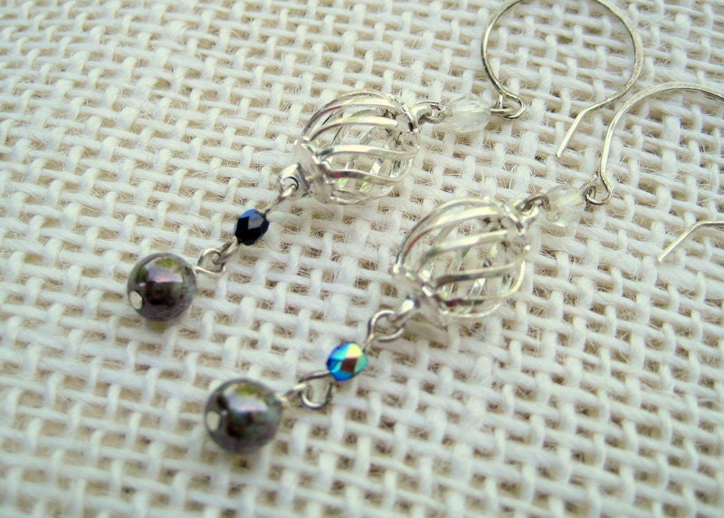 Silver Cage Beaded Dangle Earrings