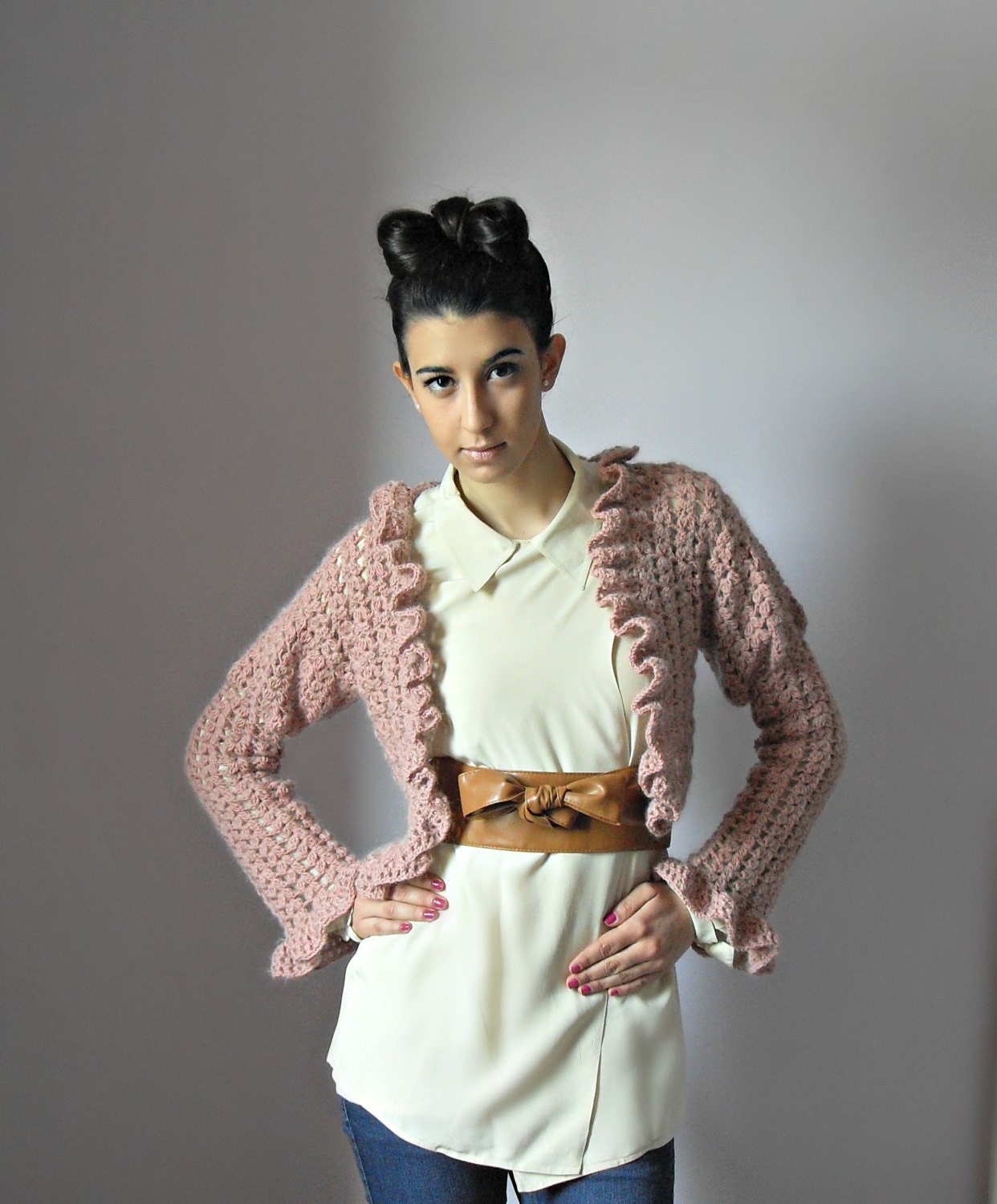 Crocheted Bolero Shrug Jacket Old Pink - Handmade - Puffed Long Sleeves- M Size - Ruffles - Lace crochet - Regency Style - Merino Wool, Silk