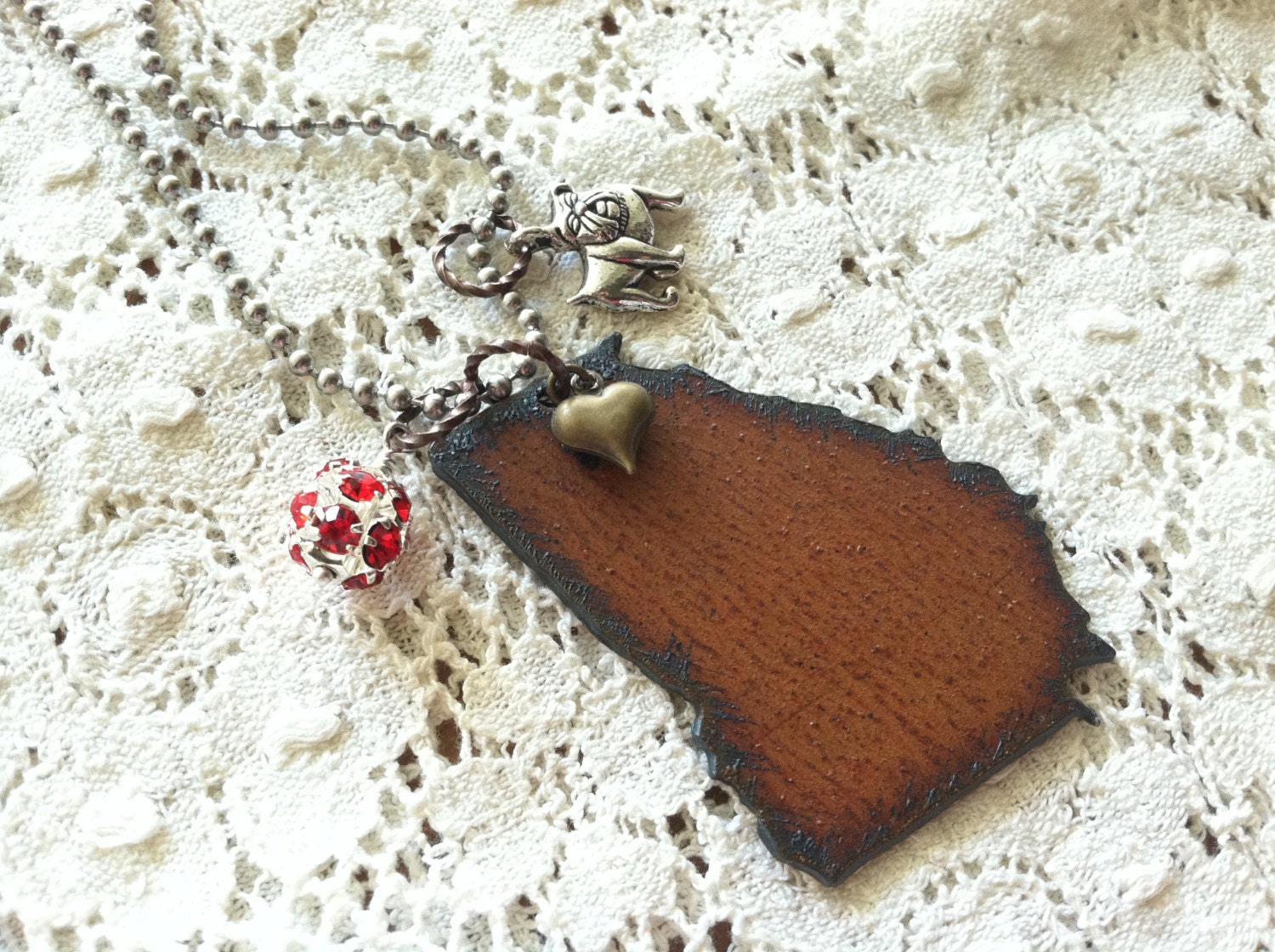 I Love GEORGIA Necklace -  Hand Cut Recycled Metal State Shape with Bulldog, Heart, and Rhinestone Charms