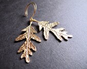 Gold Leaf Earrings, 14K Gold Filled Hoops, Woodland Jewelry, Oak Leaf Dangles