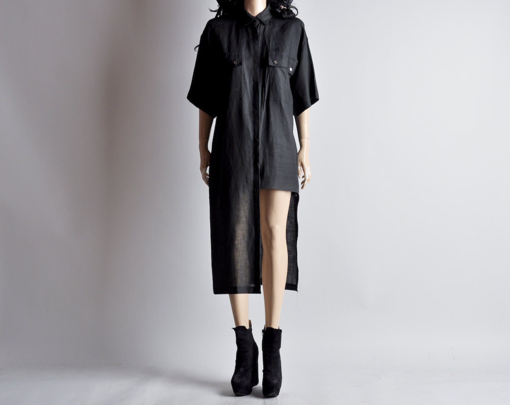 black minimalist reworked linen cut out shirt dress / m
