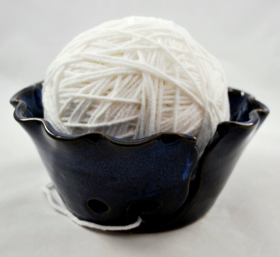 Cobalt Blue Crochet or Knitting Bowl Stoneware Pottery Free Shipping