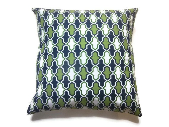 Two Olive Green Navy Blue White Pillow Covers Damask Design Decorative Toss Throw Accent 18 inch Covers
