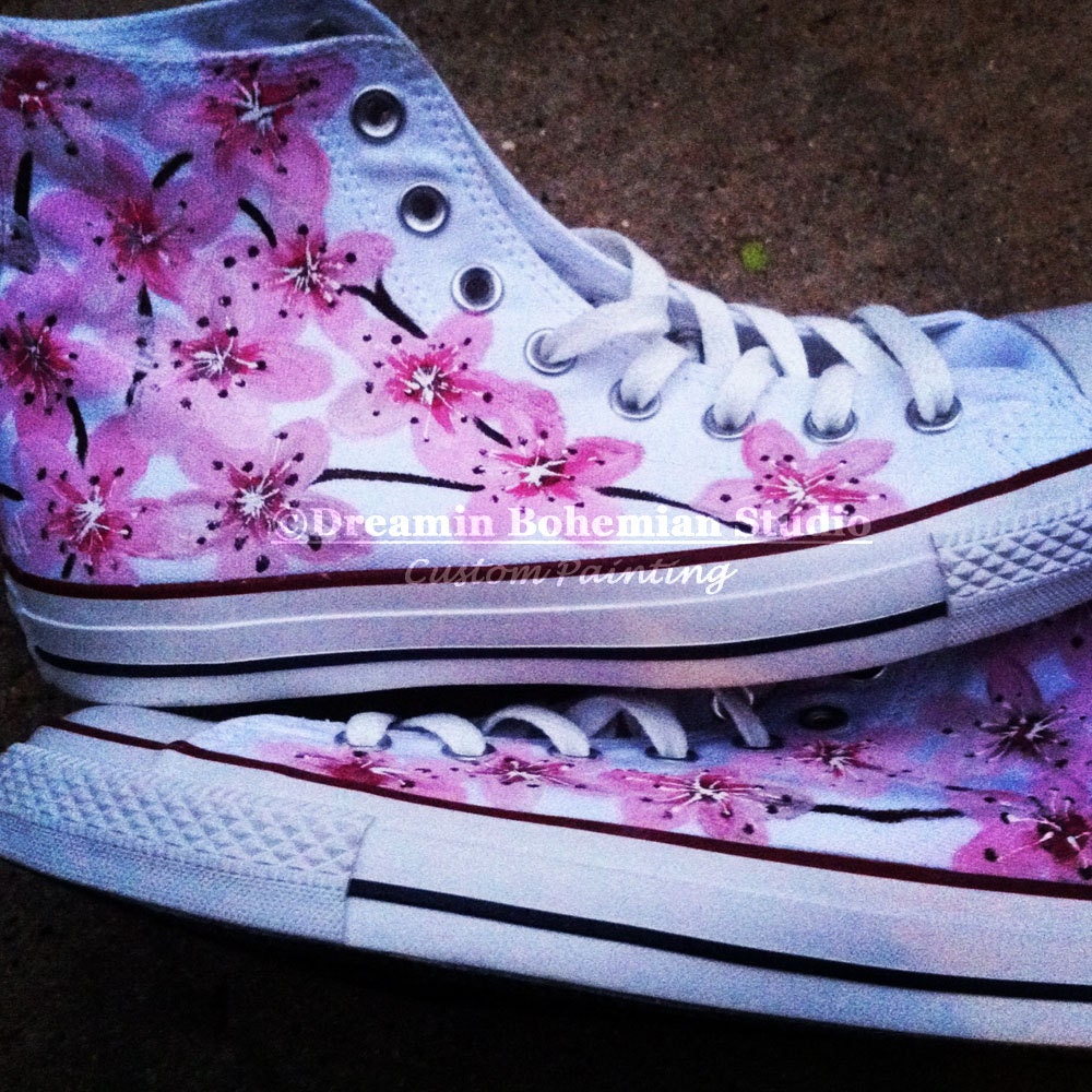 Hand Painted Pink Japanese Cherry Blossoms on Converse Chucks HI tops for Women - dreaminbohemian
