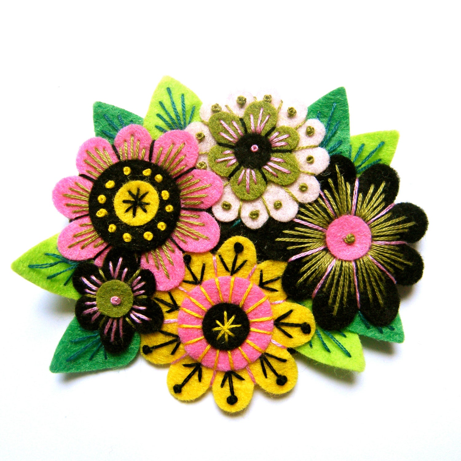 VINTAGE BOUQUET felt brooch pin with freeform embroidery - scandinavian style