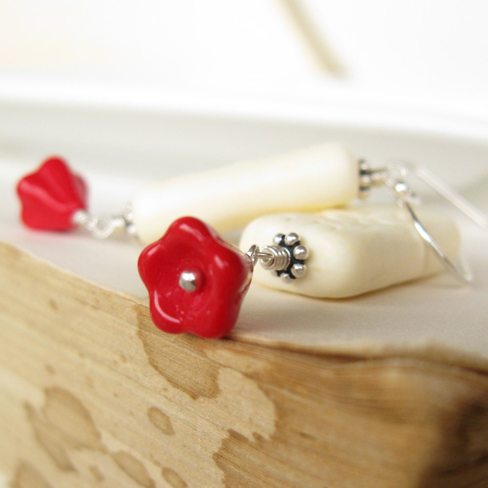 Little Red flower Earrings in sterling silver