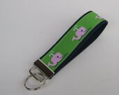 Fabric Keychain - KEY FOB/ WRISTLET- Pink Whales on Green