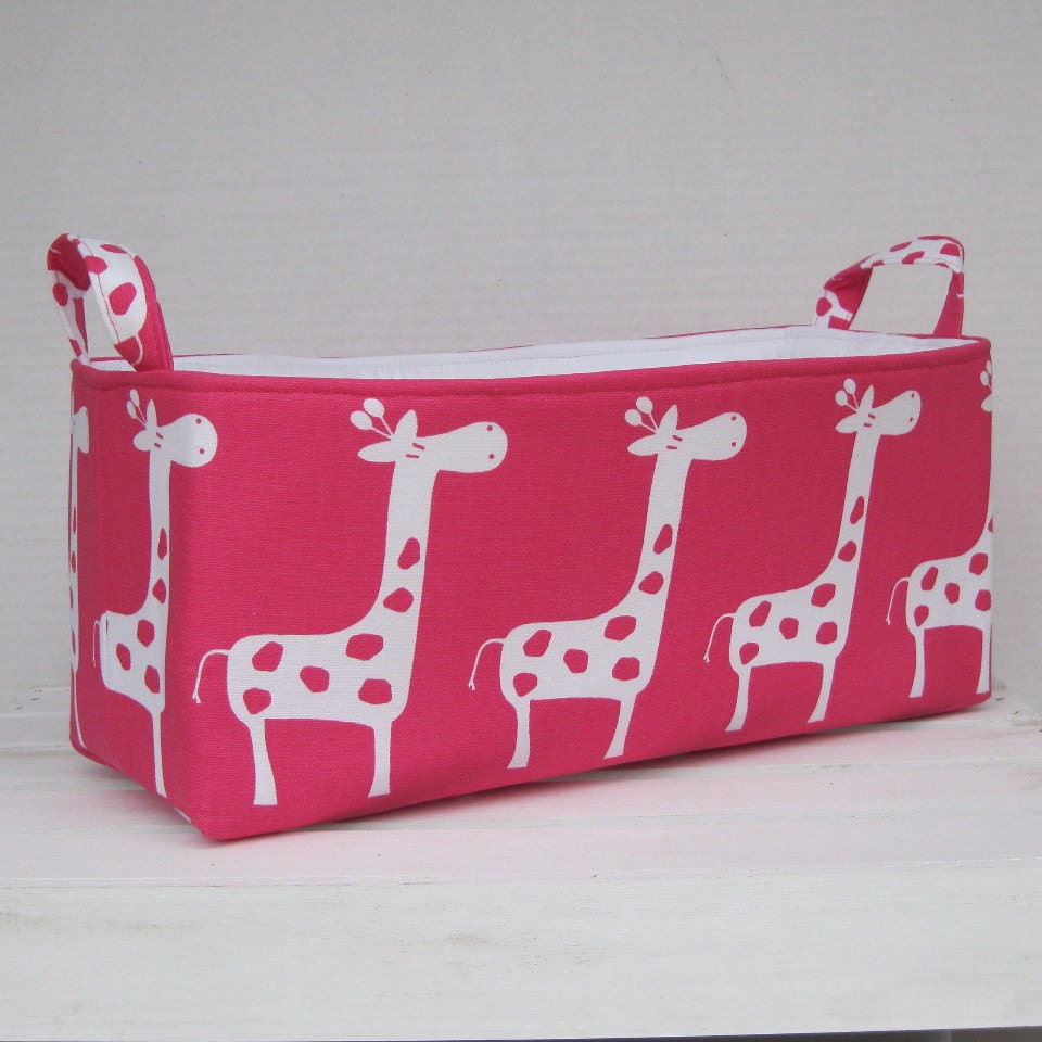 Long Diaper Caddy - Storage Container Basket Fabric Organizer Bin - White Giraffe on Dark Pink
