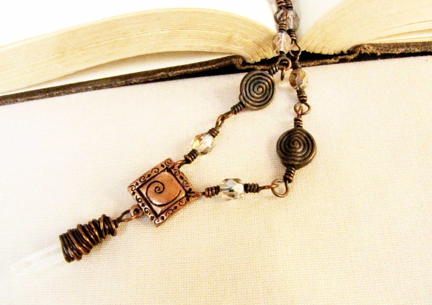 Quartz Crystal Wire Wrapped Crystal Bead  Necklace Copper
