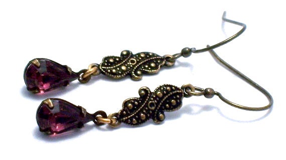 Purple Teardrop Antique Brass Earrings