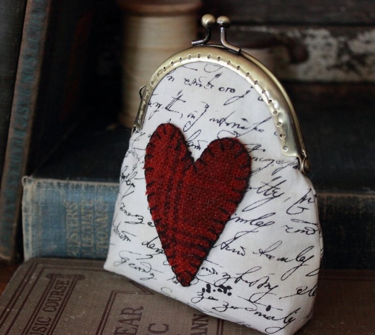 Primitive Heart Applique Coin Purse - Small Size