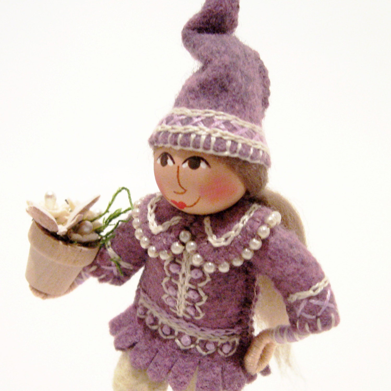 Garden Gnome Art Doll With Flower Pot Filled With Flowers, Hand Embroidered