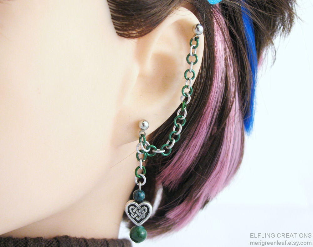 Green Celtic Heart Irish Cartilage Chain Earring or Ear Cuff