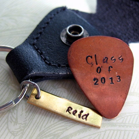 Personalized Graduation Guitar Pick Keychain, Hand Stamped, Black Leather Case, Copper Guitar Pick, Name Plate