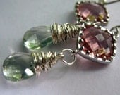 Wire Wrapped Earrings - New York Pink Cushion Cut Stone, Prasiolite Green Gemstone Sterling Silver Dangle Drop Earring