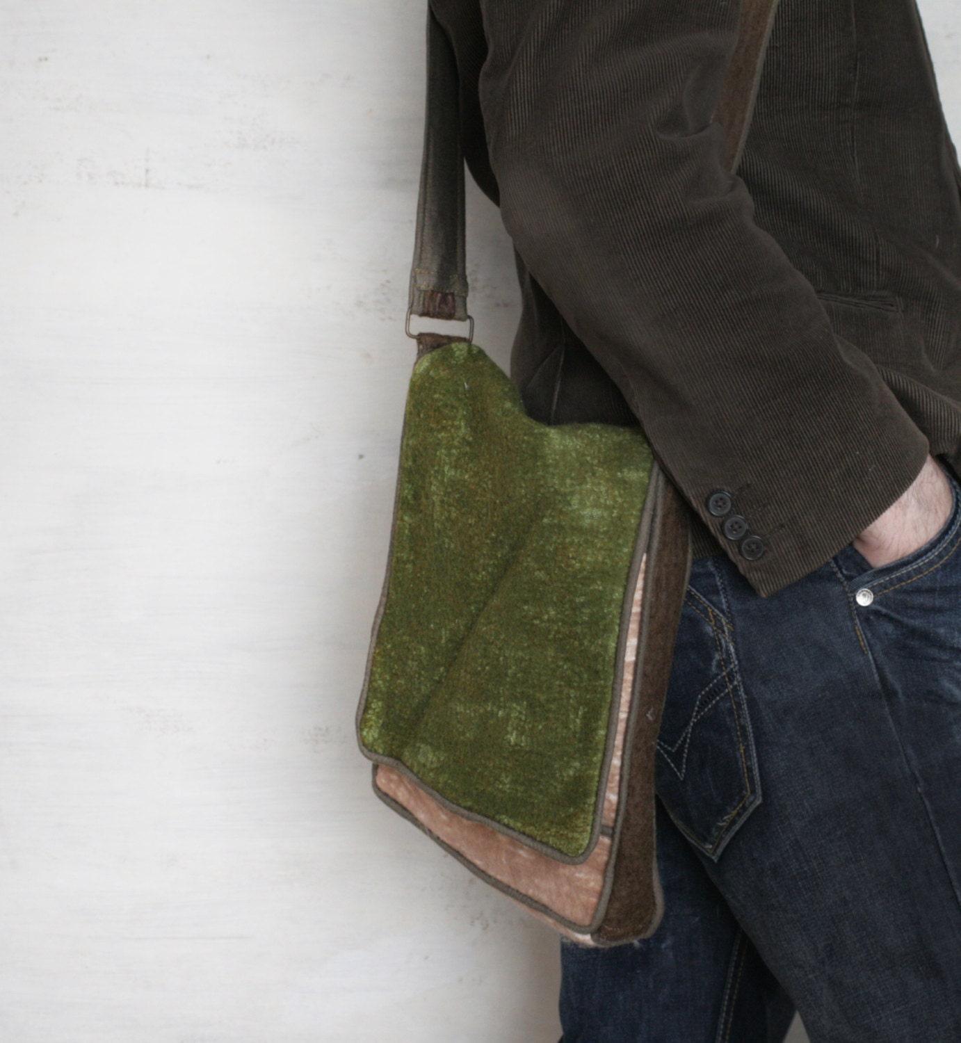 Stylish Brown Green Messenger Shoulder Felted Bag -- Hand felted wool -- Wearable Art - OOAK