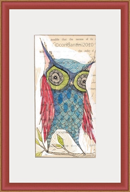 whimsical watercolor folk painting of a blue owl print - perdita -5 x 10 inches - limited edition and Archival by cori dantini