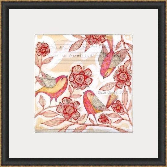 whimsical bird painting - watercolor - ink - animal art - limited edition and archival, 8 x 8 inches - Sprinkling sound, by cori dantini