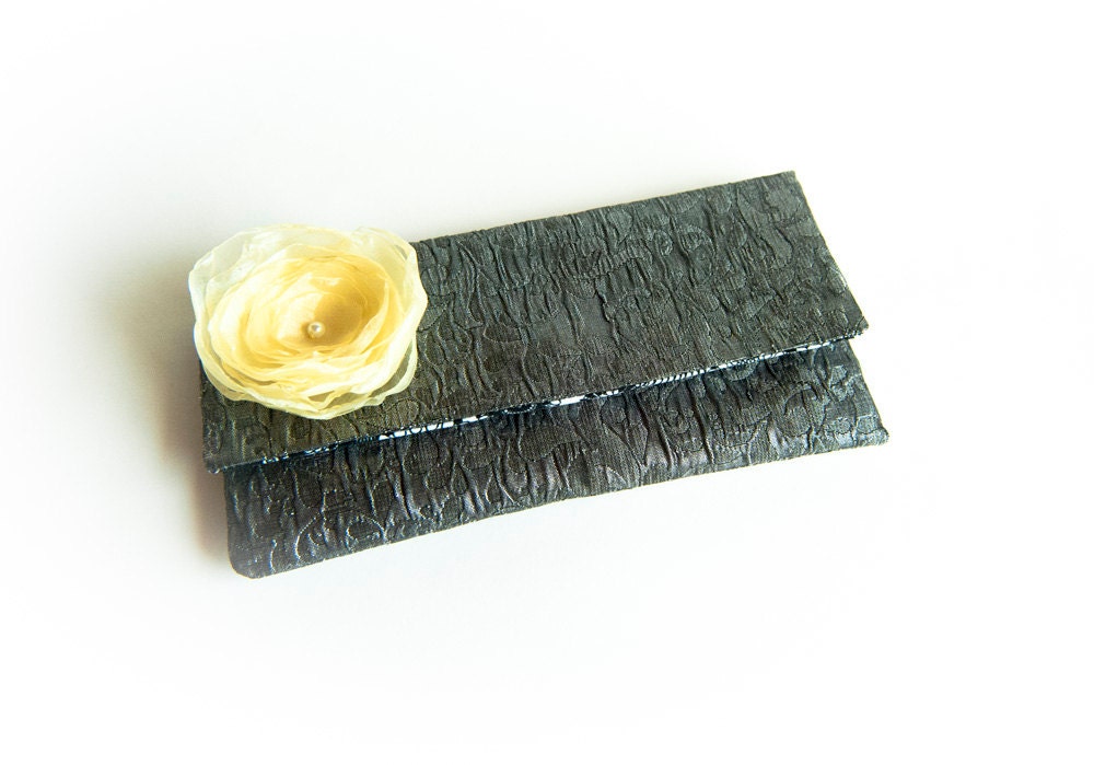 Bridesmaid wedding gift idea, Brocade Foldover clutch purse with Personalized Color flowers, envelope bag, grey silver yellow by Lolos