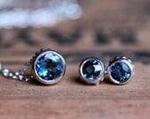 London blue topaz solitaire set - something blue - stud earrings - slider necklace - bridal jewelry - December birthday - Wrought