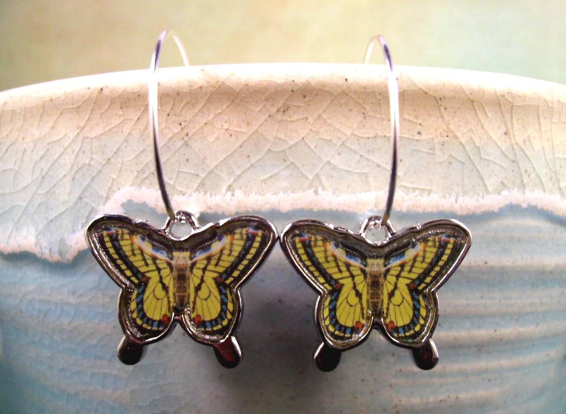 Butterfly Hoop Earrings, Yellow Tiger Swallowtail and Silver Hoop Earrings, FREE Shipping U.S.